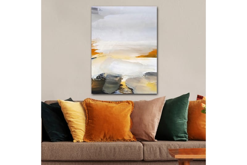 Lærred 70x100 cm - Abstrakt landskab med bløde farveovergange og klare toner, Grå / Hvid / Gul