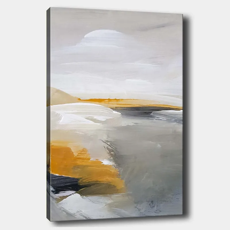Lærred 70x100 cm - Abstrakt landskab med bløde former og harmoniske farver, Grå / Hvid / Gul-orange