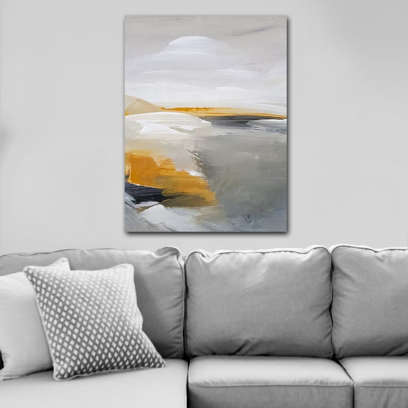 Lærred 70x100 cm - Abstrakt landskab med bløde former og harmoniske farver - Grå / Hvid / Gul-orange - Boligtilbehør - Billeder & kunst - Billeder på lærred