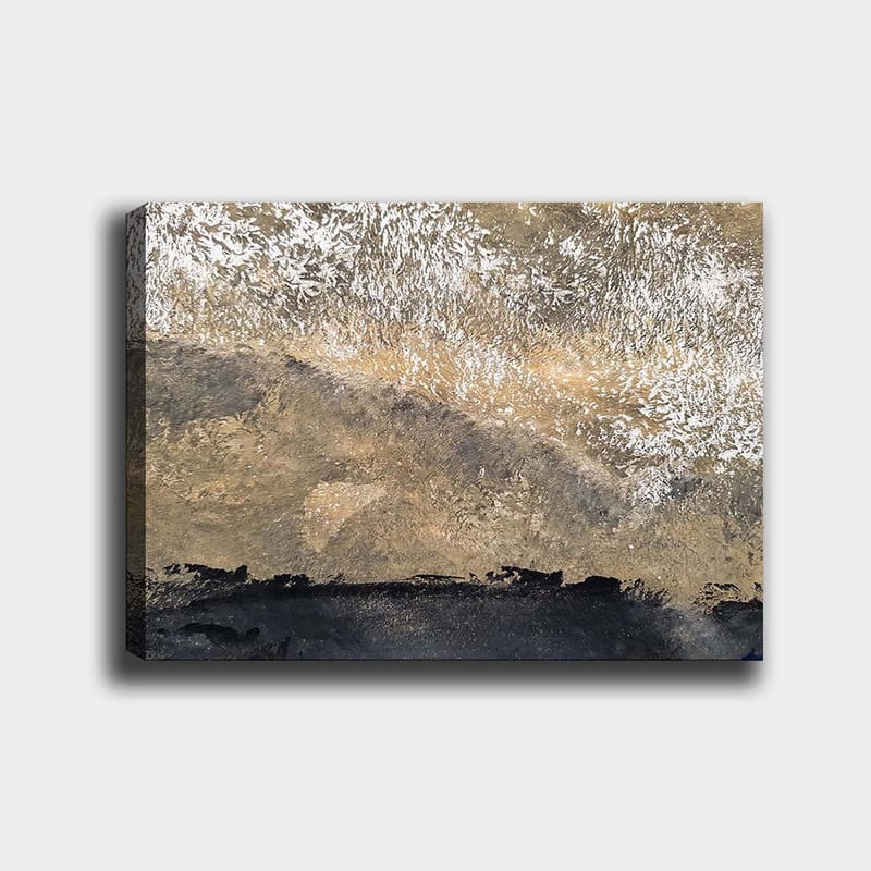 Lærred 70x100 cm - Abstrakt landskab med bløde former og teksturer i jordfarver, Guld / Sort / Beige