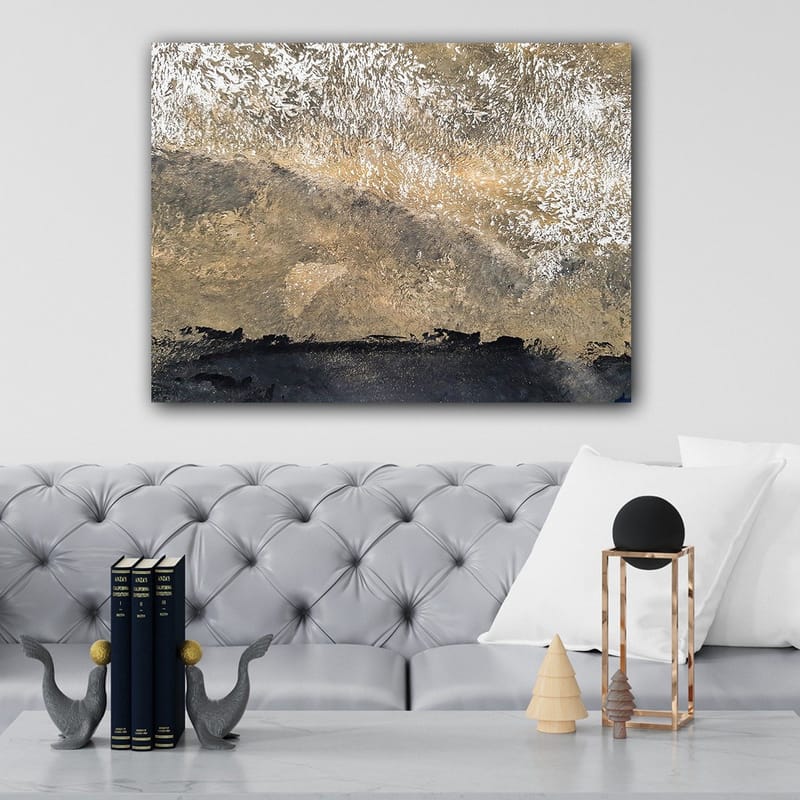 Lærred 70x100 cm - Abstrakt landskab med bløde former og teksturer i jordfarver - Guld / Sort / Beige - Boligtilbehør - Billeder & kunst - Billeder på lærred