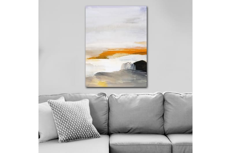 Lærred 70x100 cm - Abstrakt landskab med elementer af hav og klipper - Orange / Grå / Hvid - Boligtilbehør - Billeder & kunst - Billeder på lærred