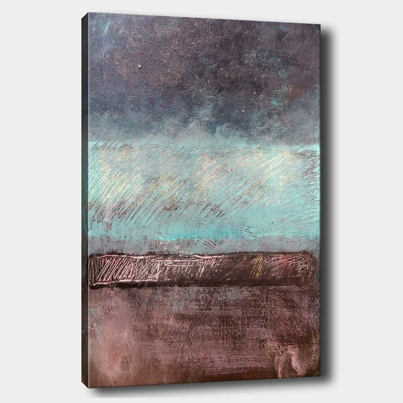 Lærred 70x100 cm - Abstrakt landskab med en horisontlinje i dæmpede farver, Turkis / Mørkebrun / Grå