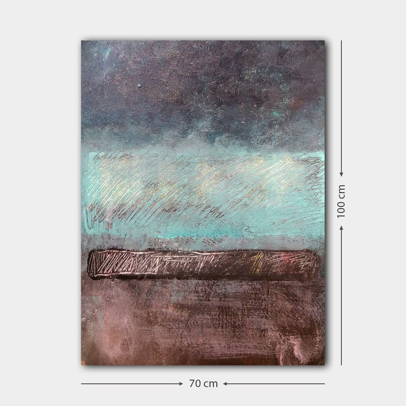 Lærred 70x100 cm - Abstrakt landskab med en horisontlinje i dæmpede farver - Turkis / Mørkebrun / Grå - Boligtilbehør - Billeder & kunst - Billeder på lærred