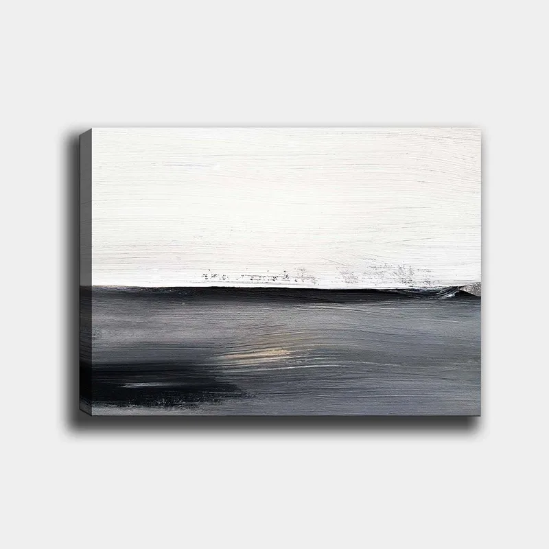 Lærred 70x100 cm - Abstrakt landskab med en horisontlinje i kontrasterende sort og hvid - Sort / Hvid / Grå - Boligtilbehør - Billeder & kunst - Billeder på lærred