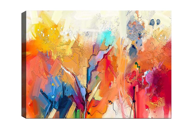 Lærred 70x100 cm - Abstrakt landskab med farverige former og dynamiske linjer, Orange / Gul / Blå
