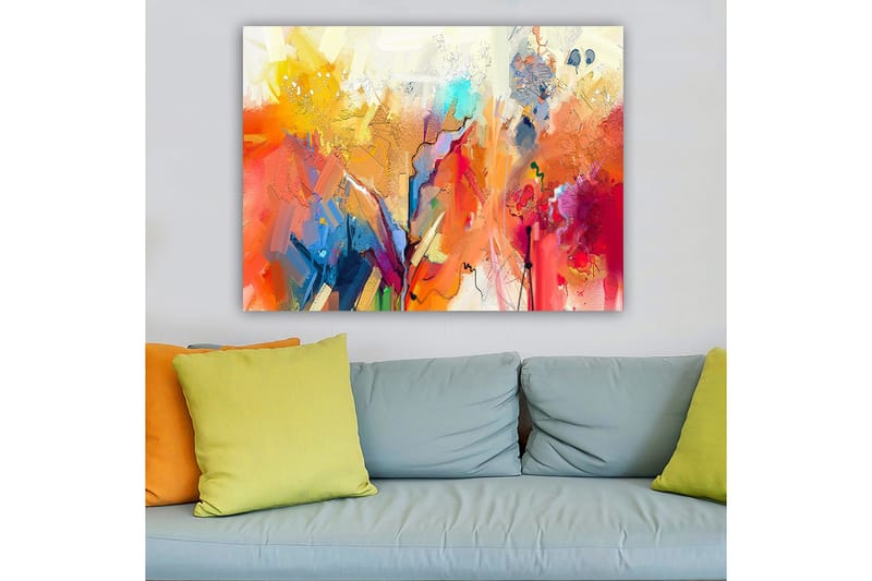 Lærred 70x100 cm - Abstrakt landskab med farverige former og dynamiske linjer - Orange / Gul / Blå - Boligtilbehør - Billeder & kunst - Billeder på lærred