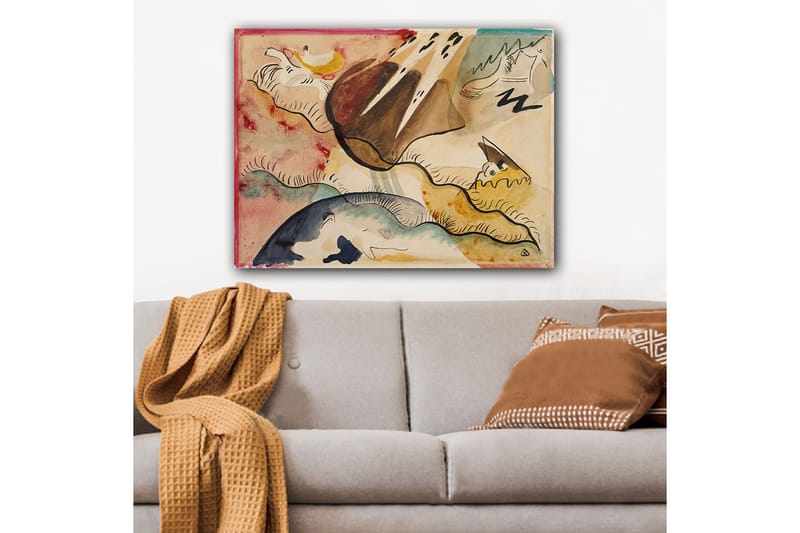 Lærred 70x100 cm - Abstrakt landskab med organiske former og farverige elementer - Brun / Blå / Gul - Boligtilbehør - Billeder & kunst - Billeder på lærred