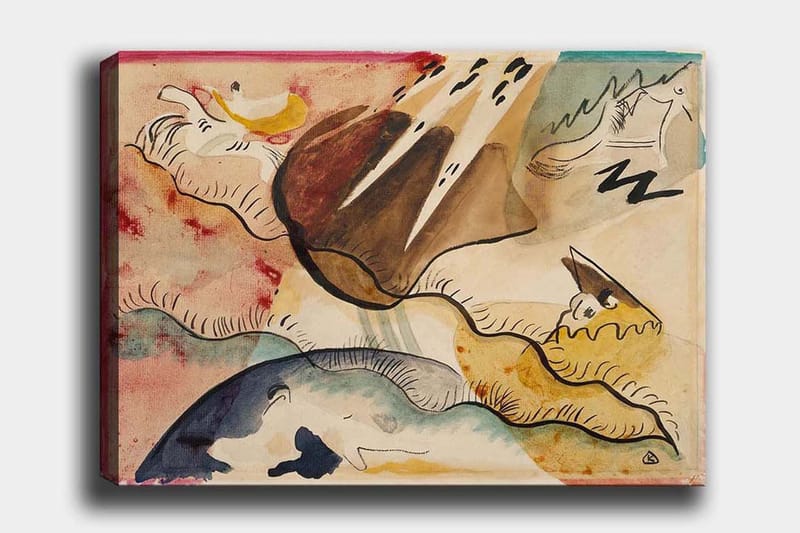 Lærred 70x100 cm - Abstrakt landskab med organiske former og farverige elementer, Brun / Blå / Gul