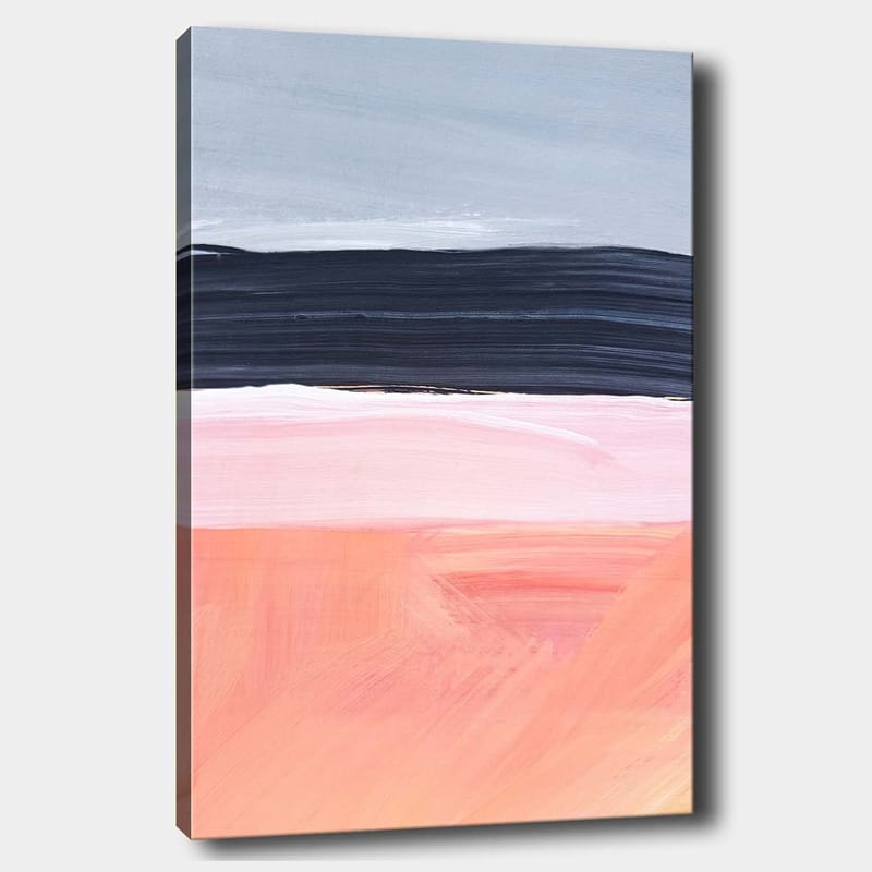 Lærred 70x100 cm - Abstrakt landskab med vandrette farvebånd i bløde toner, Grå / Sort / Lyserød