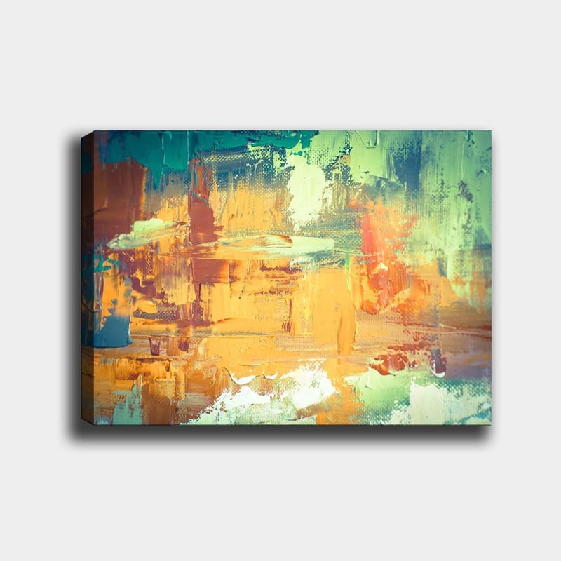 Lærred 70x100 cm - Abstrakt landskab med varme og kolde farver, der skaber en dynamisk komposition, Grøn / Orange / Blå