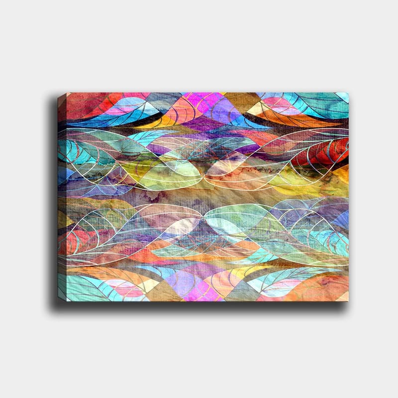 Lærred 70x100 cm - Abstrakt mønster af bølgende former i harmoniske farver, Turkis / Lilla / Rød