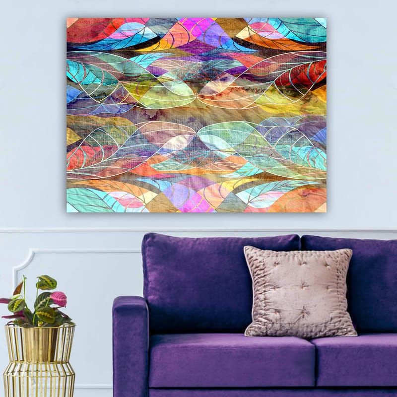 Lærred 70x100 cm - Abstrakt mønster af bølgende former i harmoniske farver - Turkis / Lilla / Rød - Boligtilbehør - Billeder & kunst - Billeder på lærred