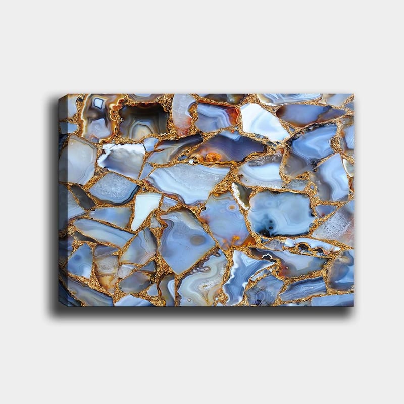 Lærred 70x100 cm - Abstrakt mønster af blå og gyldne agater, Blå / Gylden / Hvid