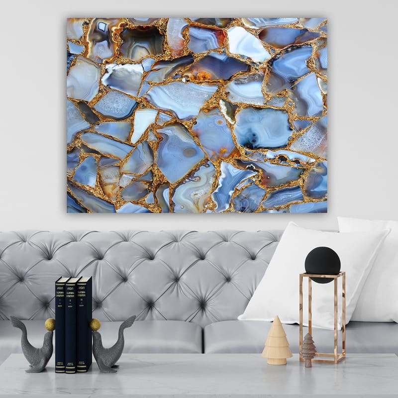 Lærred 70x100 cm - Abstrakt mønster af blå og gyldne agater - Blå / Gylden / Hvid - Boligtilbehør - Billeder & kunst - Billeder på lærred