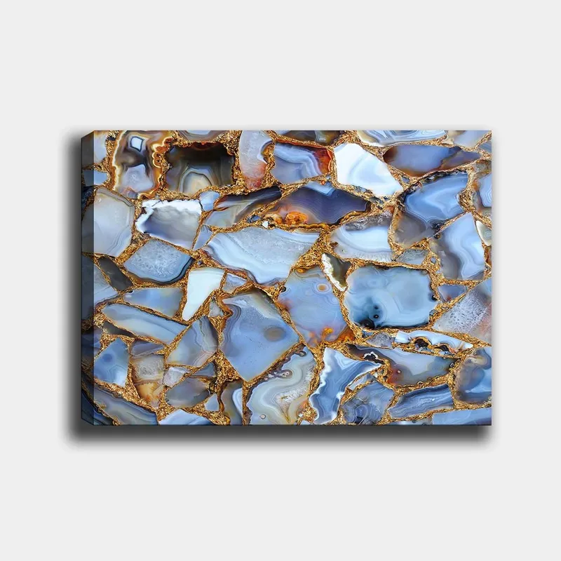 Lærred 70x100 cm - Abstrakt mønster af blå og gyldne agater, Blå / Gylden / Hvid