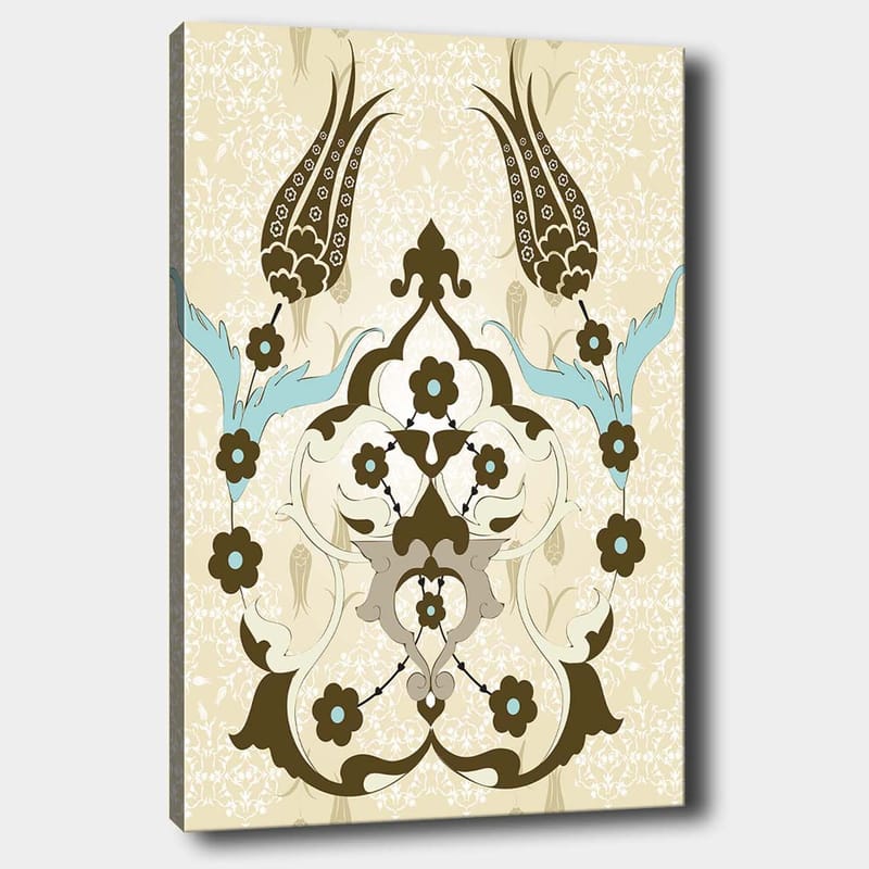 Lærred 70x100 cm - Abstrakt mønster med blomster- og plantemotiver i et elegant design, Mørkebrun / Lyseblå / Beige