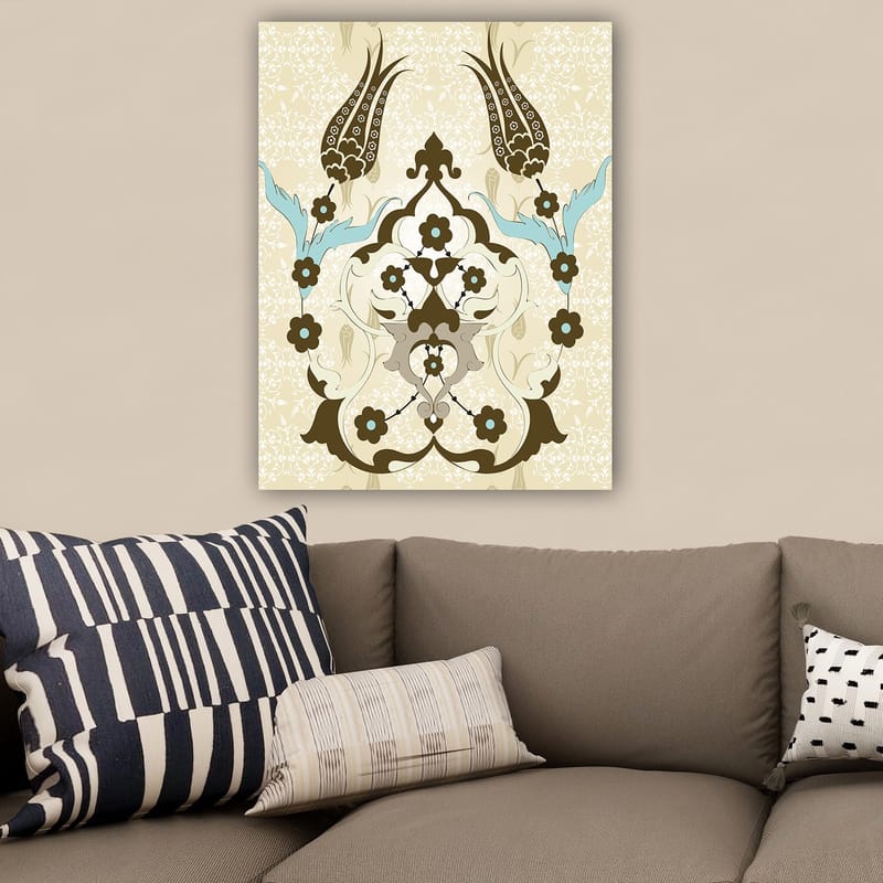 Lærred 70x100 cm - Abstrakt mønster med blomster- og plantemotiver i et elegant design - Mørkebrun / Lyseblå / Beige - Boligtilbehør - Billeder & kunst - Billeder på lærred