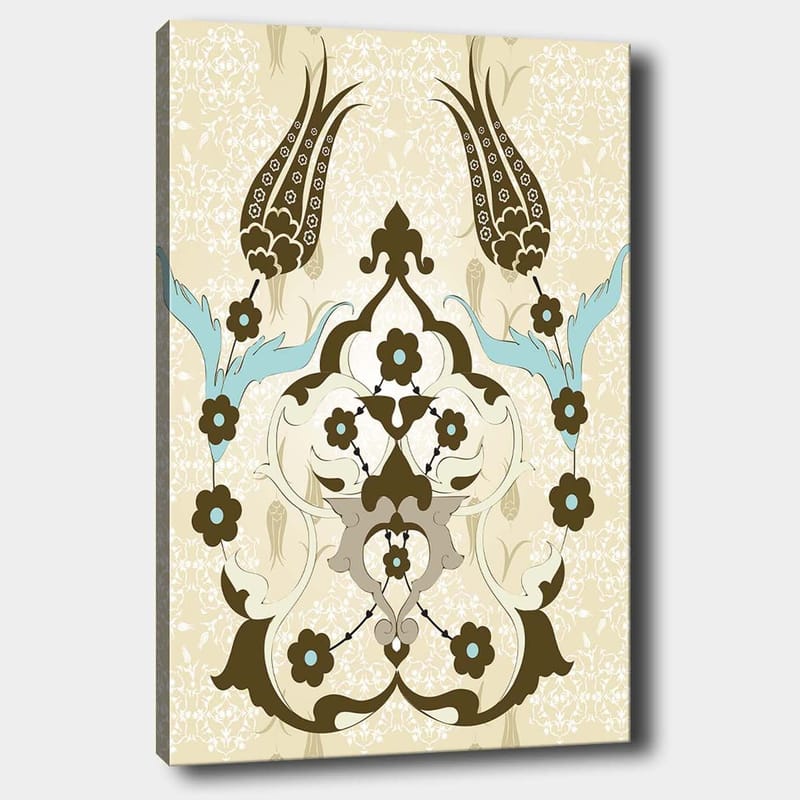 Lærred 70x100 cm - Abstrakt mønster med blomster- og plantemotiver i et elegant design, Mørkebrun / Lyseblå / Beige