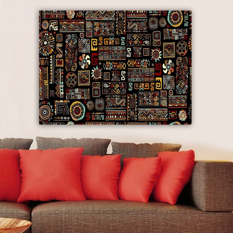 Lærred 70x100 cm - Abstrakt mønster med geometriske former og symboler i en farverig komposition - Sort / Rød / Gul - Boligtilbehør - Billeder & kunst - Billeder på lærred