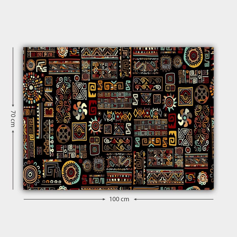 Lærred 70x100 cm - Abstrakt mønster med geometriske former og symboler i en farverig komposition - Sort / Rød / Gul - Boligtilbehør - Billeder & kunst - Billeder på lærred