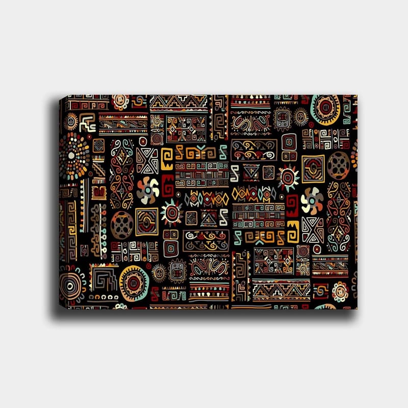 Lærred 70x100 cm - Abstrakt mønster med geometriske former og symboler i en farverig komposition, Sort / Rød / Gul