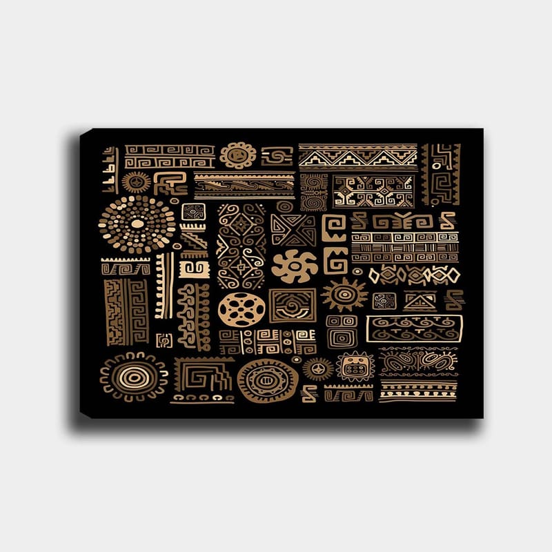 Lærred 70x100 cm - Abstrakt mønster med geometriske former og symboler i guld mod en sort baggrund, Guld / Sort