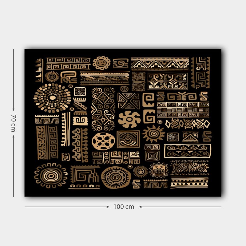 Lærred 70x100 cm - Abstrakt mønster med geometriske former og symboler i guld mod en sort baggrund - Guld / Sort - Boligtilbehør - Billeder & kunst - Billeder på lærred