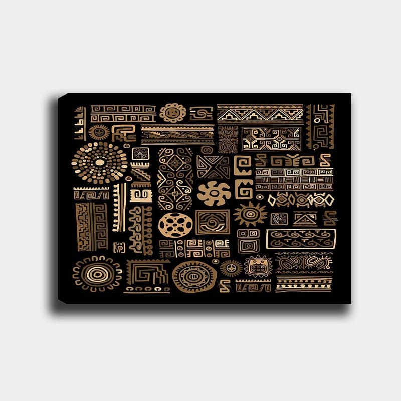 Lærred 70x100 cm - Abstrakt mønster med geometriske former og symboler i guld mod en sort baggrund, Guld / Sort