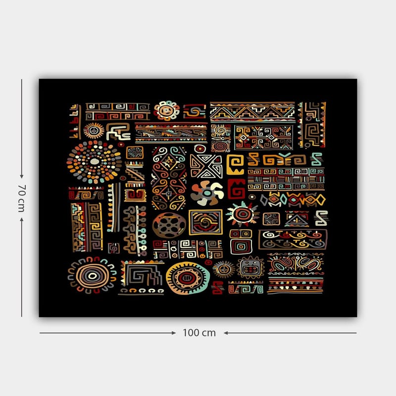 Lærred 70x100 cm - Abstrakt mønster med geometriske former og symboler i klare farver - Rød / Gul / Sort - Boligtilbehør - Billeder & kunst - Billeder på lærred