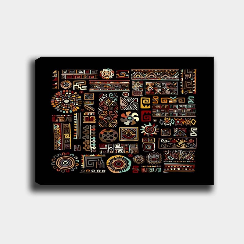 Lærred 70x100 cm - Abstrakt mønster med geometriske former og symboler i klare farver - Rød / Gul / Sort - Boligtilbehør - Billeder & kunst - Billeder på lærred