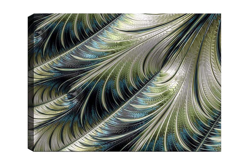 Lærred 70x100 cm - Abstrakt mønster med svævende fjer i grønne og blå nuancer, Grøn / Blå / Sølv