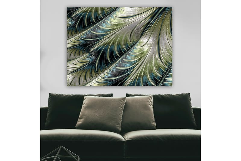 Lærred 70x100 cm - Abstrakt mønster med svævende fjer i grønne og blå nuancer - Grøn / Blå / Sølv - Boligtilbehør - Billeder & kunst - Billeder på lærred