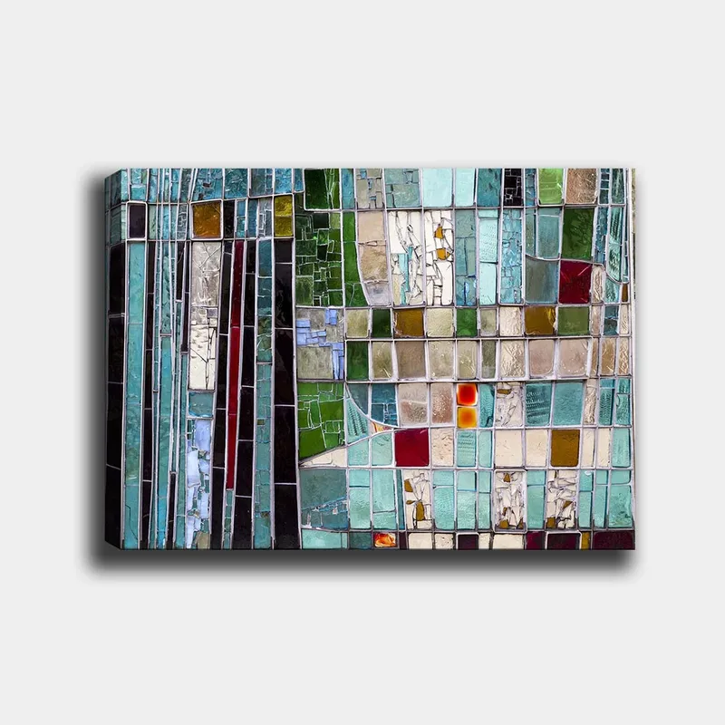 Lærred 70x100 cm - Abstrakt mosaik med geometriske former i forskellige nuancer af grøn og blå, Turkis / Grøn / Rød