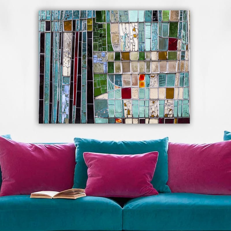 Lærred 70x100 cm - Abstrakt mosaik med geometriske former i forskellige nuancer af grøn og blå - Turkis / Grøn / Rød - Boligtilbehør - Billeder & kunst - Billeder på lærred