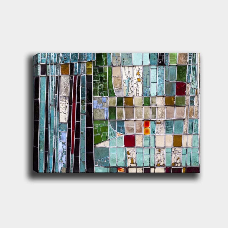 Lærred 70x100 cm - Abstrakt mosaik med geometriske former i forskellige nuancer af grøn og blå, Turkis / Grøn / Rød