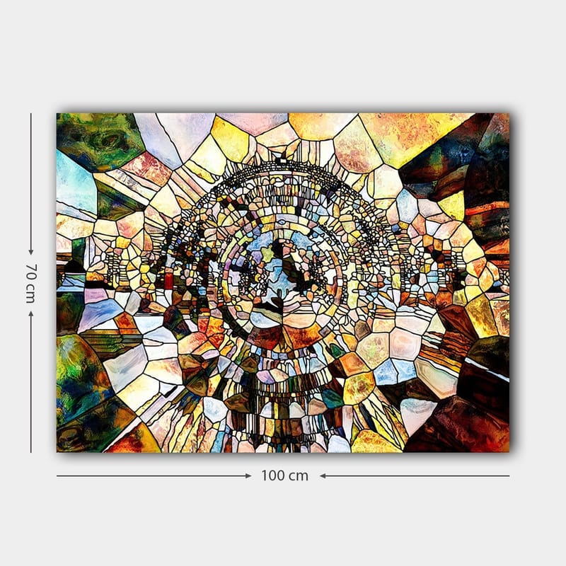 Lærred 70x100 cm - Abstrakt mosaikdesign med cirkulære og geometriske former, der skaber en følelse af dybde og bevægelse - Guld / Brun / Blå - Boligtilbehør - Billeder & kunst - Billeder på lærred