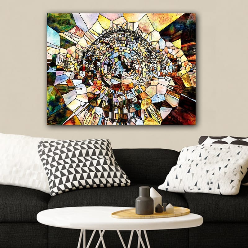 Lærred 70x100 cm - Abstrakt mosaikdesign med cirkulære og geometriske former, der skaber en følelse af dybde og bevægelse - Guld / Brun / Blå - Boligtilbehør - Billeder & kunst - Billeder på lærred