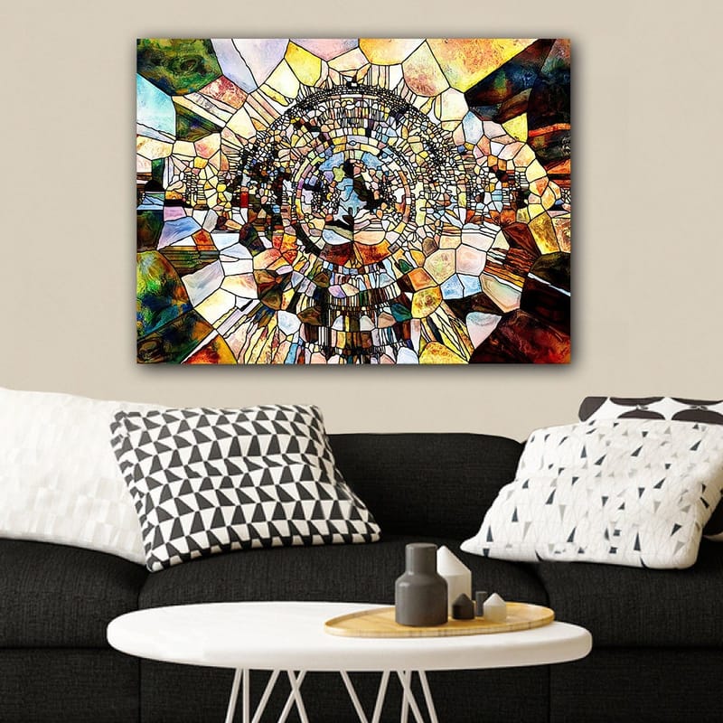 Lærred 70x100 cm - Abstrakt mosaikdesign med cirkulære og geometriske former, der skaber en følelse af dybde og bevægelse - Guld / Brun / Blå - Boligtilbehør - Billeder & kunst - Billeder på lærred