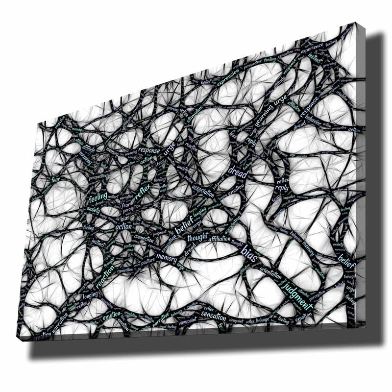 Lærred 70x100 cm - Abstrakt netværk af ord, der udtrykker følelser og tanker, Sort / Lyseblå / Hvid