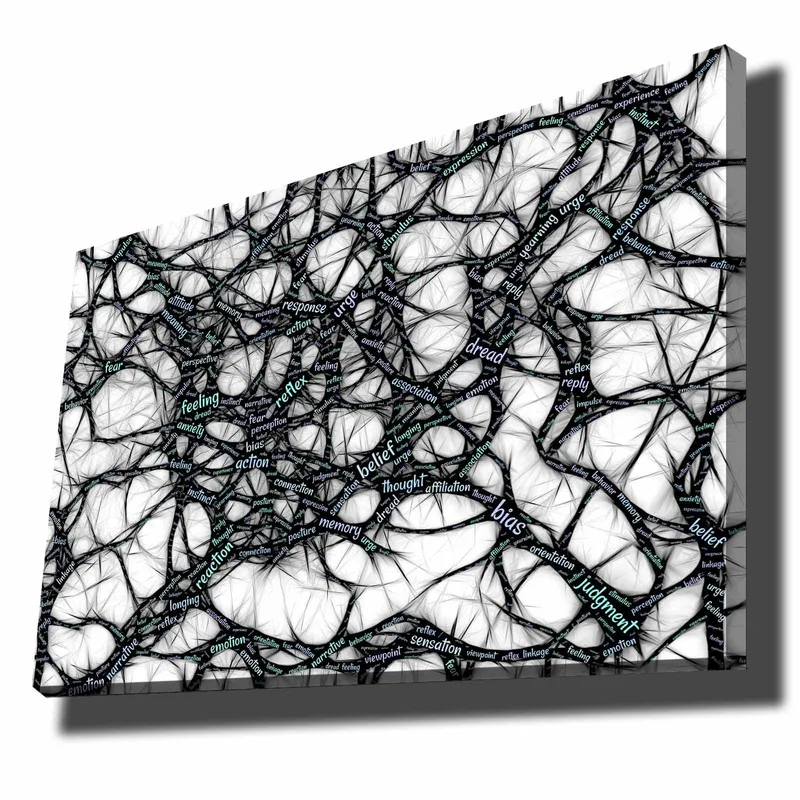 Lærred 70x100 cm - Abstrakt netværk af ord, der udtrykker følelser og tanker, Sort / Lyseblå / Hvid