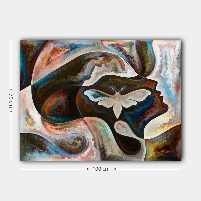 Lærred 70x100 cm - Abstrakt skildring af en ansigtsprofil med en sommerfugl som det centrale motiv - Mørkebrun / Beige / Turkis - Boligtilbehør - Billeder & kunst - Billeder på lærred