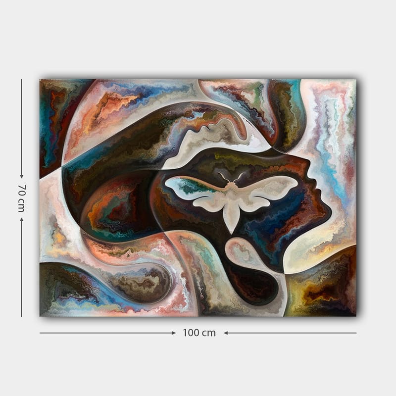 Lærred 70x100 cm - Abstrakt skildring af en ansigtsprofil med en sommerfugl som det centrale motiv - Mørkebrun / Beige / Turkis - Boligtilbehør - Billeder & kunst - Billeder på lærred