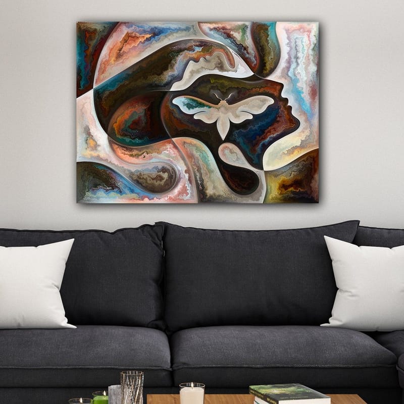 Lærred 70x100 cm - Abstrakt skildring af en ansigtsprofil med en sommerfugl som det centrale motiv - Mørkebrun / Beige / Turkis - Boligtilbehør - Billeder & kunst - Billeder på lærred
