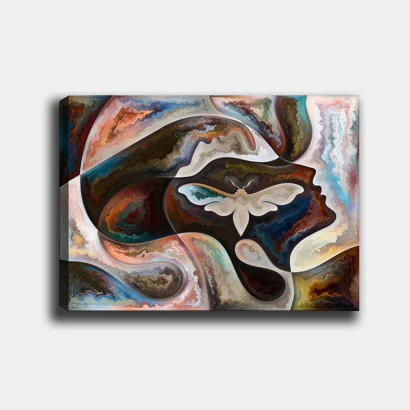 Lærred 70x100 cm - Abstrakt skildring af en ansigtsprofil med en sommerfugl som det centrale motiv, Mørkebrun / Beige / Turkis