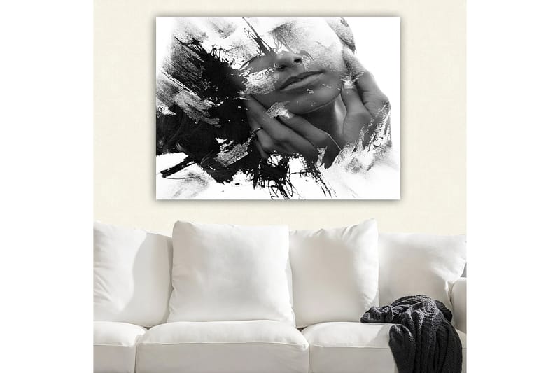 Lærred 70x100 cm - Abstrakt skildring af en ansigtsprofil med hænder, der rører ansigtet, Sort / Hvid / Grå