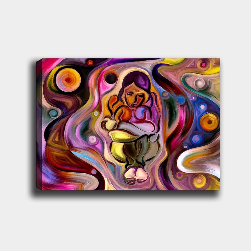 Lærred 70x100 cm - Abstrakt skildring af en kvinde, der holder et barn i sine arme, omgivet af farverige gynger og former - Lyserød / Gul / Grøn - Boligtilbehør - Billeder & kunst - Billeder på lærred