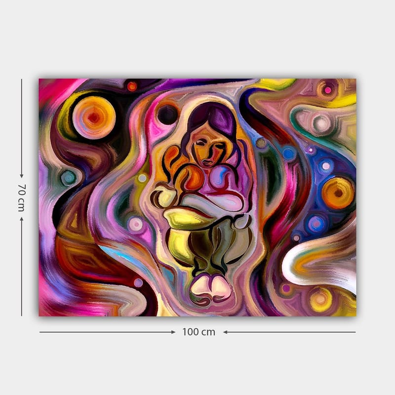 Lærred 70x100 cm - Abstrakt skildring af en kvinde, der holder et barn i sine arme, omgivet af farverige gynger og former - Lyserød / Gul / Grøn - Boligtilbehør - Billeder & kunst - Billeder på lærred