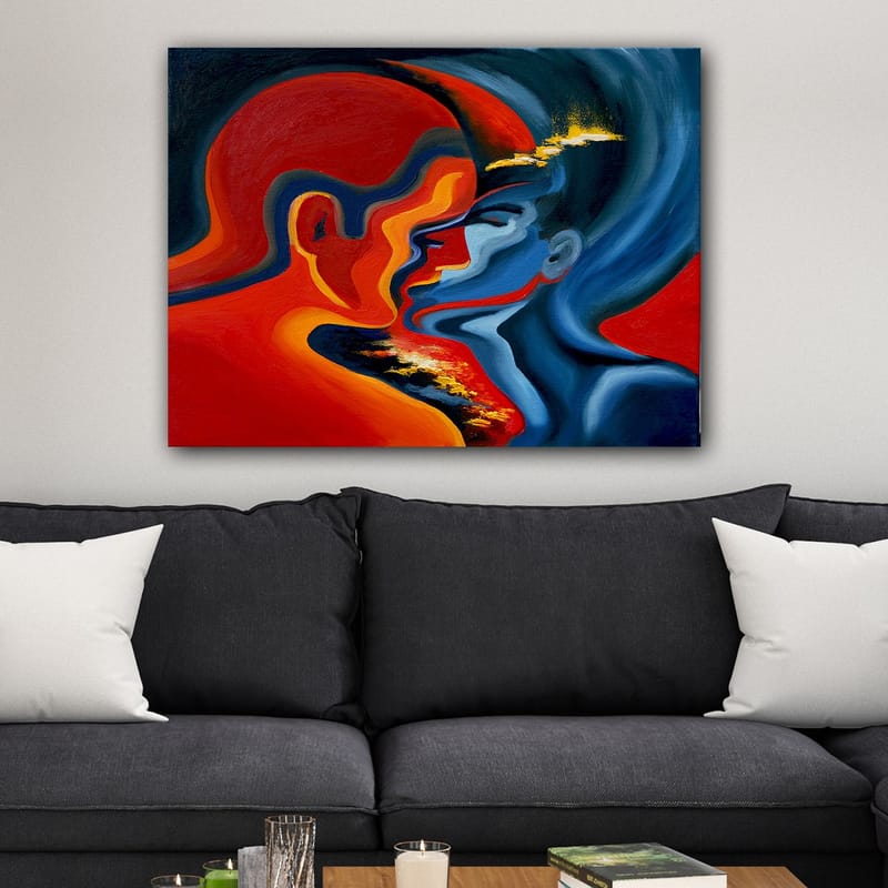 Lærred 70x100 cm - Abstrakt skildring af to ansigter, der nærmer sig hinanden i en intens og følelsesladet omfavnelse - Rød / Blå / Sort - Boligtilbehør - Billeder & kunst - Billeder på lærred