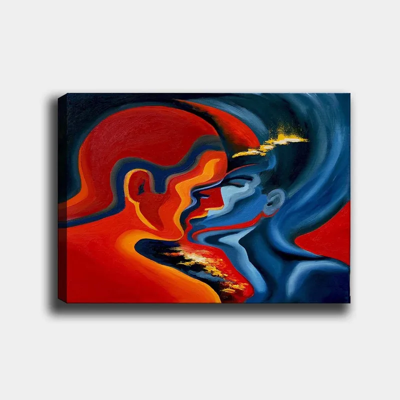 Lærred 70x100 cm - Abstrakt skildring af to ansigter, der nærmer sig hinanden i en intens og følelsesladet omfavnelse, Rød / Blå / Sort